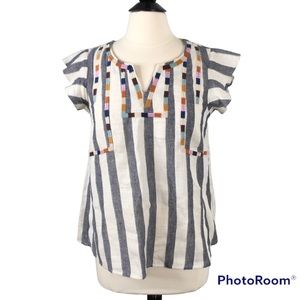 THML Striped Embroidered Flutter Sleeve Top Medium